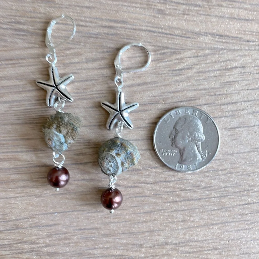 HAND CRAFTED PIERCED EARRINGS Gray Brown Silver Starfish Shells Faux Pearls